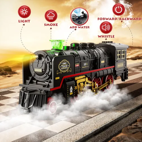 Vista 2 de Funwee Juego de tren para debajo del árbol de Navidad, juguete de tren eléctrico con humo, luces y sonido, modelo de tren de locomotora con pista