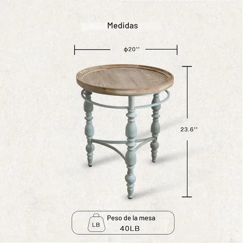 Vista 2 de Mesa auxiliar redonda rústica de granja, mesa auxiliar vintage de campo francés, φ20.1 x 23.6 pulgadas de alto, madera maciza rústica con patas
