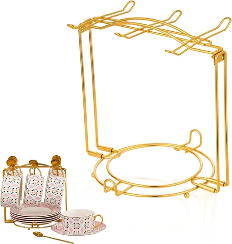 Vista 7 de Soporte para tazas de té, tazas de café y platillos, estante de almacenamiento plegable de metal para taza de espresso y capuchino, color negro