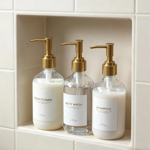 Vista 4 de Botellas dispensadoras de champú y acondicionador con bandeja de bambú Bomba Clear&gold