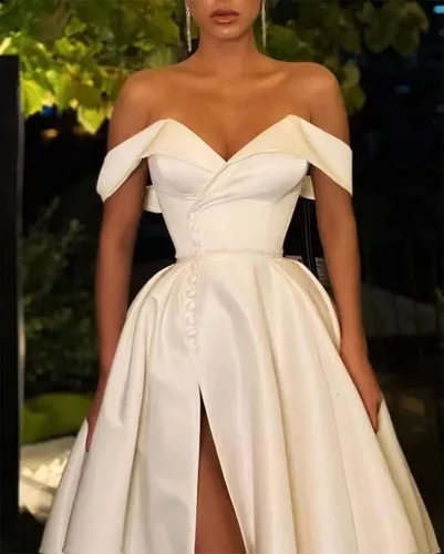Vista 2 de Jorshiman Vestido de fiesta de satén con hombros descubiertos y cuello en V para mujer, vestido largo de fiesta de noche, vestido de baile