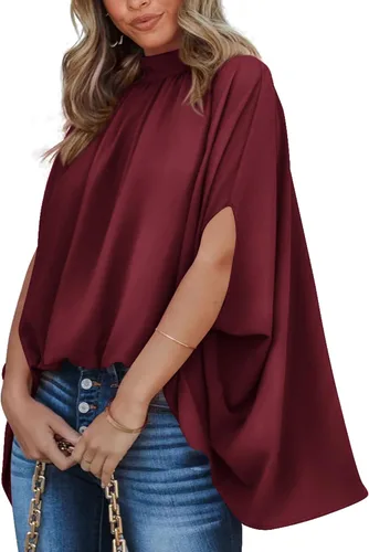 Vista 110 de BTFBM Blusas de verano para mujer, cuello alto falso, manga murciélago, holgadas, dobladillo alto y bajo, blusas informales de gran