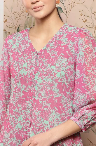 Vista 5 de Janasya Vestido occidental de Georgette rosa con estampado floral para mujer india