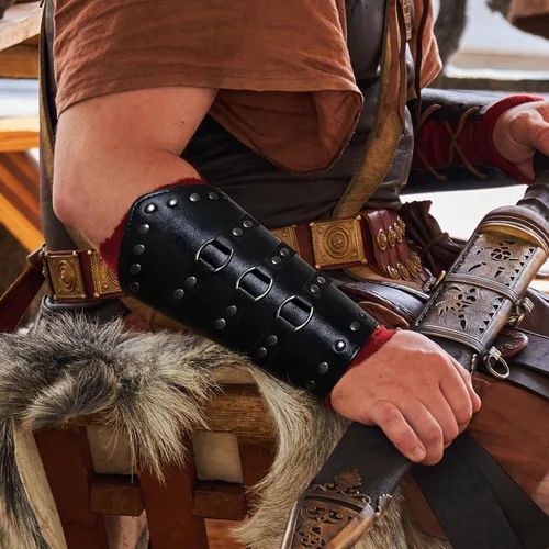 Vista 3 de XUANPAI Viaje a la feria renacentista, brazaletes de cuero vikingos medievales, armadura de brazo, ferias Ren, guantelete, punk, para hombres