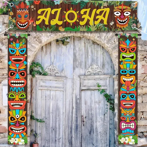 Vista 6 de Luau - Cartel para puerta de tótem Tiki, 3 piezas, pancarta de Tiki para porche, cubierta hawaiana para Aloha Hawaii, Moana tropical, cumpleaños