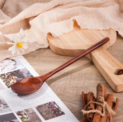 Vista 3 de AKOAK 2 cucharas de madera, cuchara de madera natural con mango largo, herramienta de cocina para el hogar, adecuada para restaurantes, hoteles