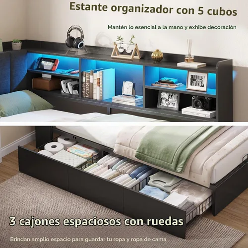 Vista 5 de Marco de cama individual esquinero con 3 cajones, estantería y cabecero de Negro