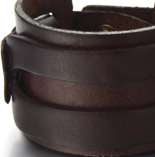 Vista 3 de COOLSTEELANDBEYOND Pulsera de cuero genuino metálica para hombre pulsera de cuero ancha con botón a presión