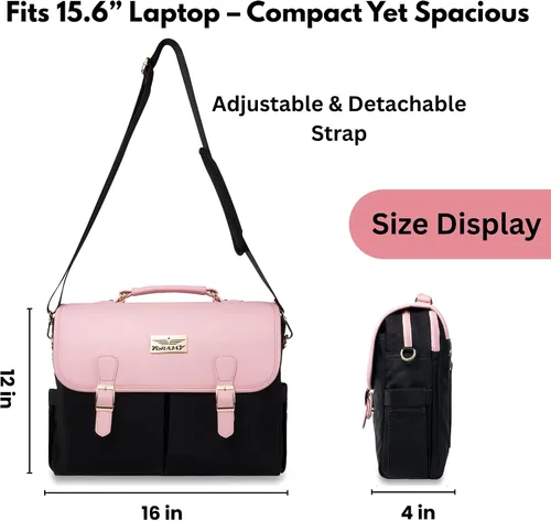 Vista 7 de Bolsa de mano para laptop para mujer, bolsa de trabajo de lona de 15.6 pulgadas con 17 bolsillos, color negro y beige, elegante, duradera y ligera