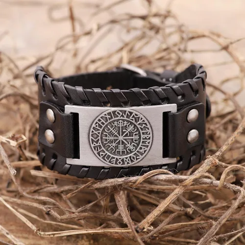 Vista 6 de HAQUIL Pulsera vikinga wicca egipcia negra marrón ancha de cuero pulsera antigua medieval joyería regalo para hombres