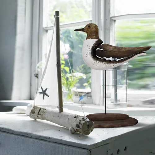 Vista 4 de Estatua de pájaro marino de madera, gaviota en el soporte, escultura náutica de aves costeras, para interiores y exteriores, figura de animales