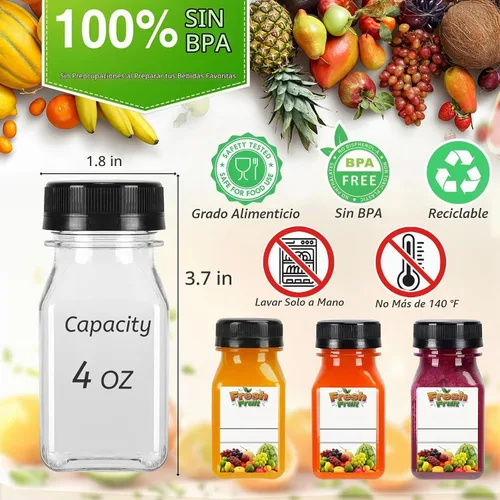Vista 3 de 100 mini botellas de plástico para jugo de 4 onzas con tapas, botellas transparentes reutilizables con etiquetas, embudo y cepillo, adecuadas