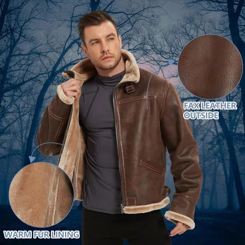 Vista 3 de Chaqueta para hombre, chaqueta de cuero marrón, abrigo de bombardero para motocicleta, disfraz de cosplay, traje de invierno, XS-3XL