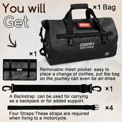 Vista 8 de Bolsa de lona impermeable 25L/40L/60L – Bolsa trasera de motocicleta resistente, bolsa seca enrollable para viajes, camping, canotaje, kayak