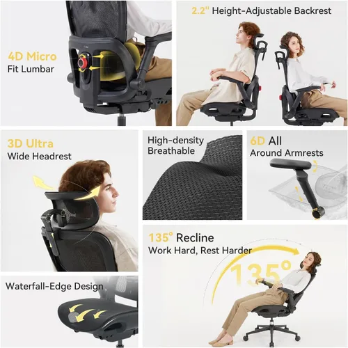 Vista 3 de SIHOO B300 Pro Ergonomic Office Chair Without Footrest, 4D Lumbar Support Negro