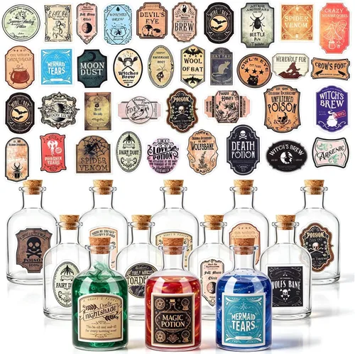 Vista 10 de Baderke 24 botellas de poción de vidrio de Halloween con calcomanías