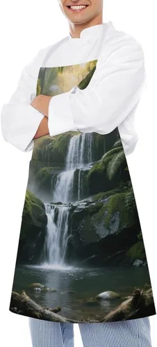 Vista 4 de MUSM Apron for Adults - 27.6 X 31.5 Inch, Heavy-Duty Polyester Aprons with Two Large Pockets, Waterproof Forest Waterfall Kitchen Apron for Cooking