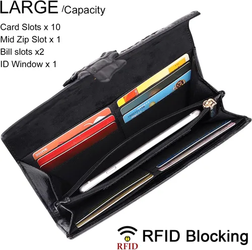 Vista 3 de PIJUSHI Cartera de piel de cocodrilo RFID para mujer organizada Negro