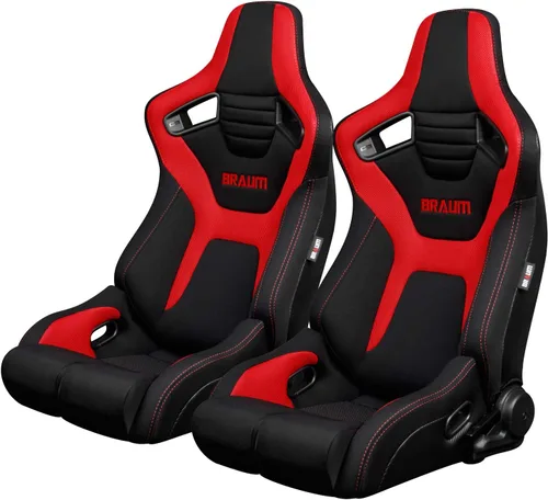 Vista 3 de Asientos de carreras Braum Serie Elite-R – Asiento tipo cubo fijo con respaldo de fibra de carbono – Tela negra y tubería roja + Montaje inferior