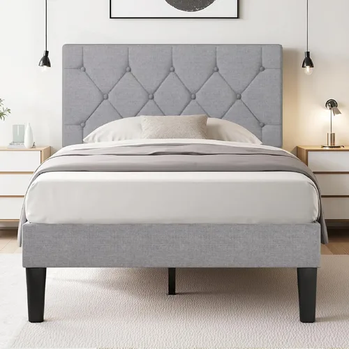 Vista 22 de VECELO Base de cama tamaño completo con cabecera capitoné con botones, plataforma tapizada con soporte de listones de madera, no necesita somier