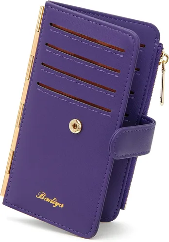 Vista 2 de Badiya Tarjetero de crédito para mujer, con bloqueo RFID, delgada, plegable, con bolsillo con cremallera y 3 ventanas para identificación, Violeta