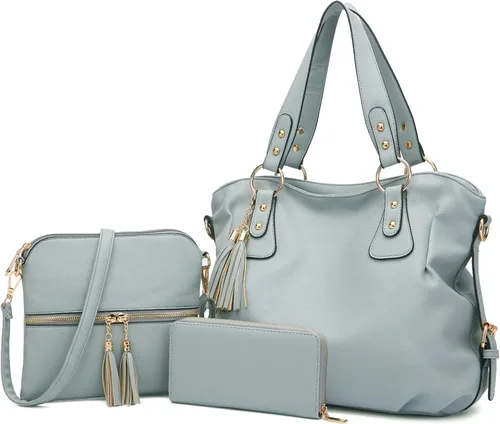 Vista 17 de Qiyuer - Juego de bolsos y carteras para mujer: bolso grande tipo bandolera, bolso tipo hobo y cartera, 3 piezas A01-3pcs/Set Gris