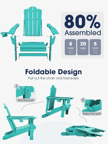 Vista 6 de Silla plegable ajustable KINGYES Adirondack, sillas reclinables Adirondack de 3 posiciones con portavasos, Adirondack de HDPE resistente a