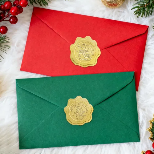 Vista 5 de 100 calcomanías de Feliz Navidad para sobres, sellos dorados de sobres de Navidad, calcomanías de lámina dorada para invitaciones de boda, tarjetas