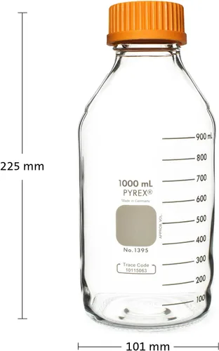 Vista 4 de Pyrex Botella redonda de almacenamiento de medios con tapa de rosca GL45, botellas de vidrio de borosilicato con tapas, cristalería científica