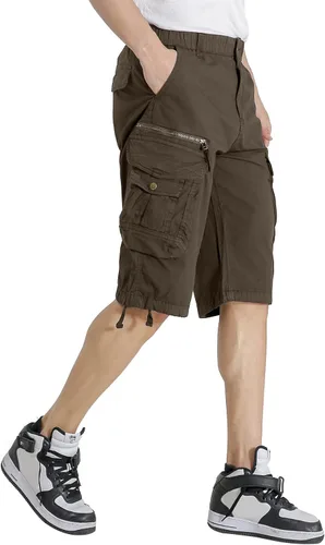 Vista 4 de Pantalones cortos cargo con cintura elástica para hombre, con bolsillo con cremallera, ajuste relajado, elásticos, ligeros, de algodón