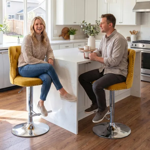 Vista 108 de SoarFlash Juego de 2 taburetes de bar tapizados de terciopelo moderno con patas de madera, botones acolchados, cabeza de clavo cromada, asiento