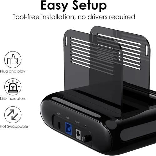 Vista 10 de WAVLINK Estación de acoplamiento para disco duro de doble bahía, USB 3.0 a SATA I/II/III para HDD/SSD de 2.5" y 3.5" con bisel fijo, compatible