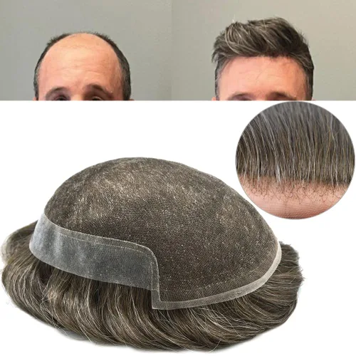 Vista 11 de Toupee para hombres sistemas de reemplazo de piel sintética con encaje suizo para hombre, nudos blanqueados, línea capilar natural para hombres