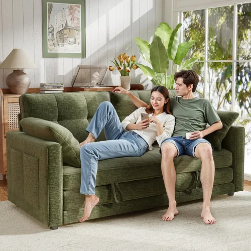 Vista 2 de WorthFurni Sofá cama biplaza de 65 pulgadas, sofá cama convertible de pana para espacios pequeños, sofá cama plegable con asiento profundo