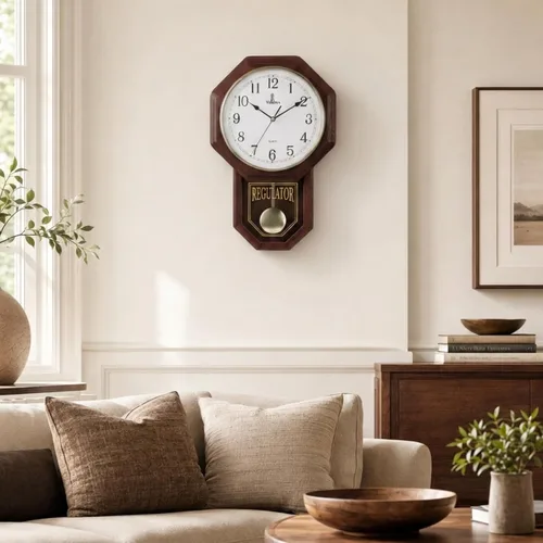 Vista 8 de Reloj de pared de péndulo, reloj regulador de madera real, silencioso Madera oscura