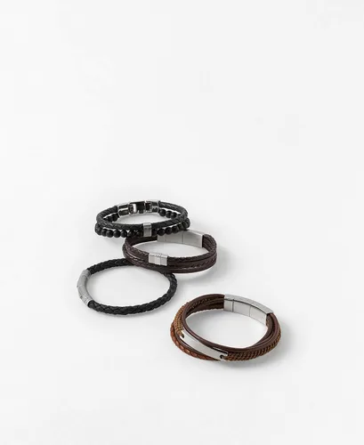 Vista 5 de Fossil Pulsera de cuentas de acero inoxidable y cuero genuino para hombre