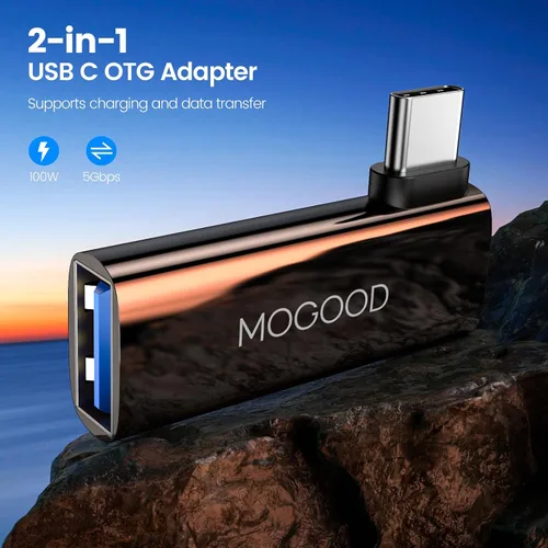 Vista 2 de MOGOOD - Adaptador USB C OTG 2 en 1 con carga PD de 100 W Puerto USB 3.0, ángulo recto, para Galaxy S24, Quest 3, iPad, Chromecast, Pi-KVM, datos