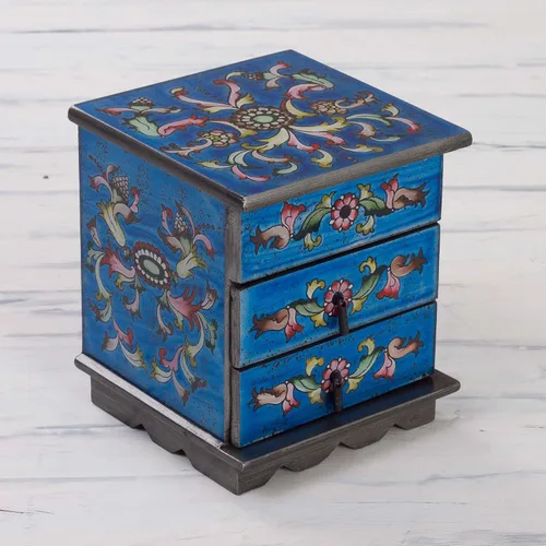 Vista 6 de NOVICA Joyero de madera y vidrio pintado inverso, azul 'Celestial Blue