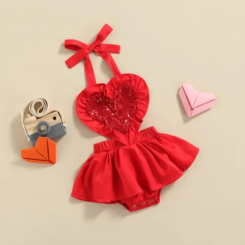 Vista 2 de Traje de San Valentín para bebé niña con lentejuelas, patrón de corazón, tutú con falda