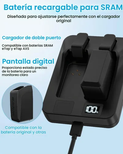 Vista 4 de Cargador de batería de doble puerto para batería SRAM AXS/eTap Red Force Rival GX Eagle, USB C de carga rápida con pantalla digital (solo cargador)