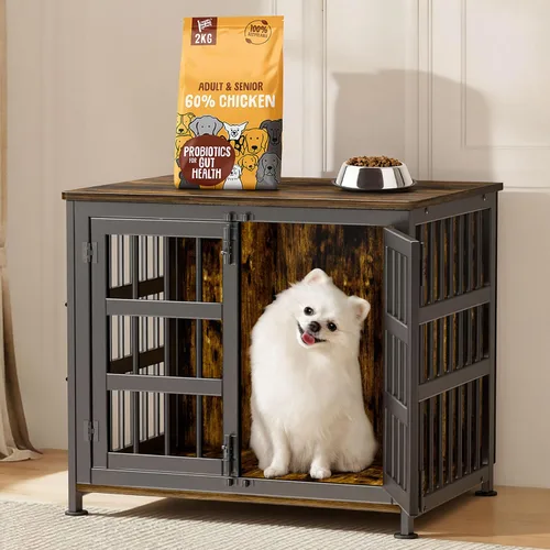 Vista 17 de Jaula para perros de 26 pulgadas, jaulas para perros de razas grandes, jaulas para perros interiores de madera, mesa auxiliar, jaula combinada