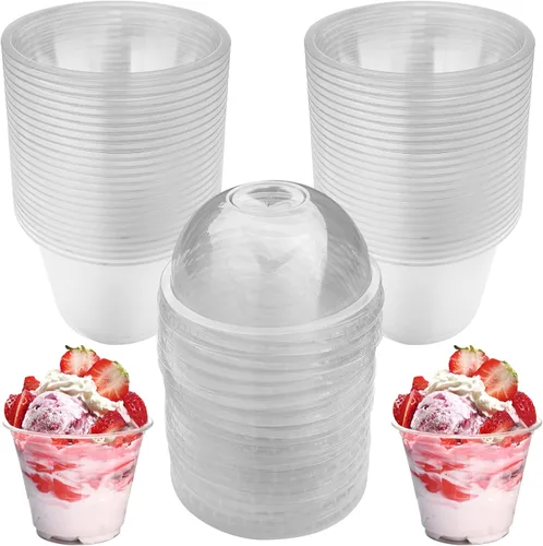 Vista 11 de Rainmae Paquete de 100 tazas de postre con tapas, vasos de plástico desechables apilables con tapas planas, tazas de helado de 10.1 fl oz/10 onzas