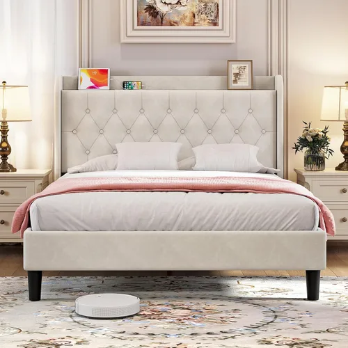Vista 13 de koorlian Marco de cama tamaño matrimonial, Marco de cama tamaño matrimonial con cabecero, Marco de cama tapizado ajustable con puerto tipo C y USB