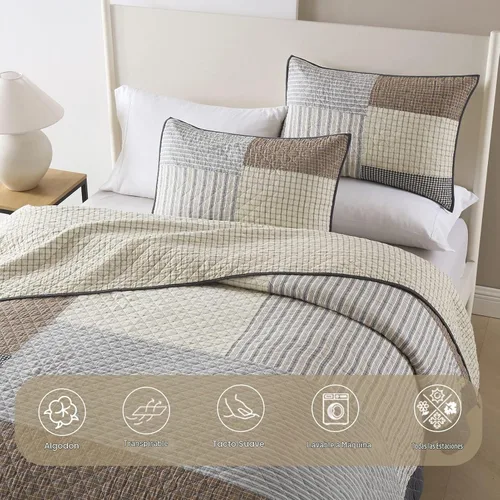 Vista 4 de Finlonte Colchas tamaño Queen 100% algodón, ligero y suave, edredón de retazos reales a cuadros, colcha acolchada, marrón, beige, gris, reversible