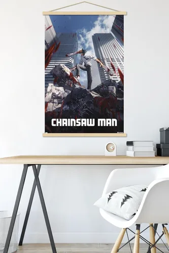 Vista 5 de Trends International Chainsaw Man - Póster de pared de arte clave, 22.37 x 34.00 pulgadas, paquete de impresión premium y colgador de madera de haya