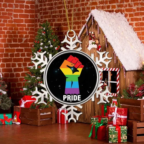Vista 5 de Adorno de Navidad de metal gay con copo de nieve de metal, orgullo de la paz, adornos de Navidad LGBTQ con derechos de igualdad, decoraciones