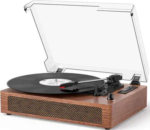 Vista 12 de Tocadiscos de vinilo con Bluetooth y altavoces estéreo integrados, tocadiscos vintage de 3 velocidades con parada automática, salida RCA y entrada