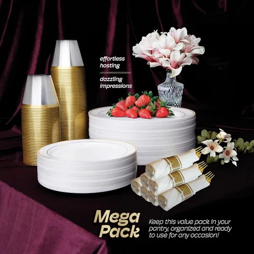 Vista 3 de R-kay Juego de vajilla de plástico dorado de 350 piezas para 50 invitados, platos de plástico dorado para fiestas, platos de fiesta y tazas
