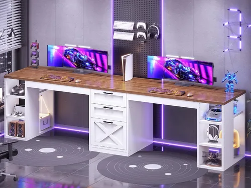 Vista 3 de SEDETA Farmhouse 96.5" 2 Person Computer Desk with Storage Drawers White and Brown