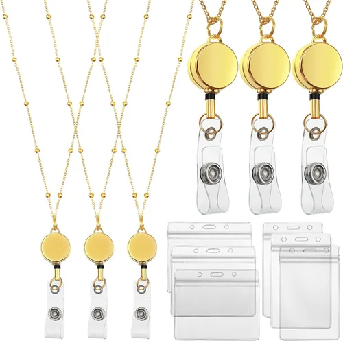 Vista 13 de Zonon Cordón Retráctil con Portaidentificación 3 Piezas Collar de Insignia con Cuentas con 6 Portarjetas Impermeables de Acero Inoxidable ID Negro